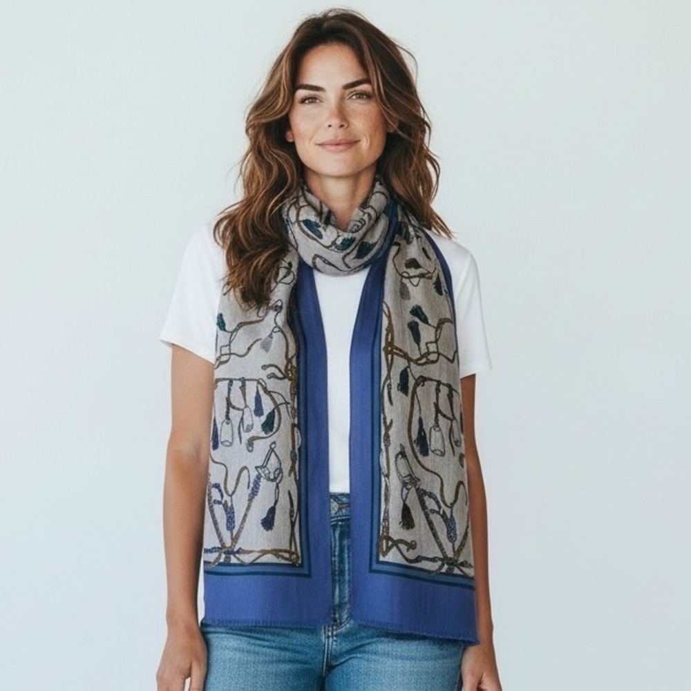 Talbots Blue Grey Cotton Equestrian Stirrup Tassel Print Lightweight Scarf